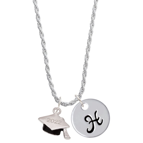 Delight Jewelry Silvertone 3-D Graduation Hat with 2022 Silvertone Script Initial Disc - H - Charm Necklace, 20"+3"