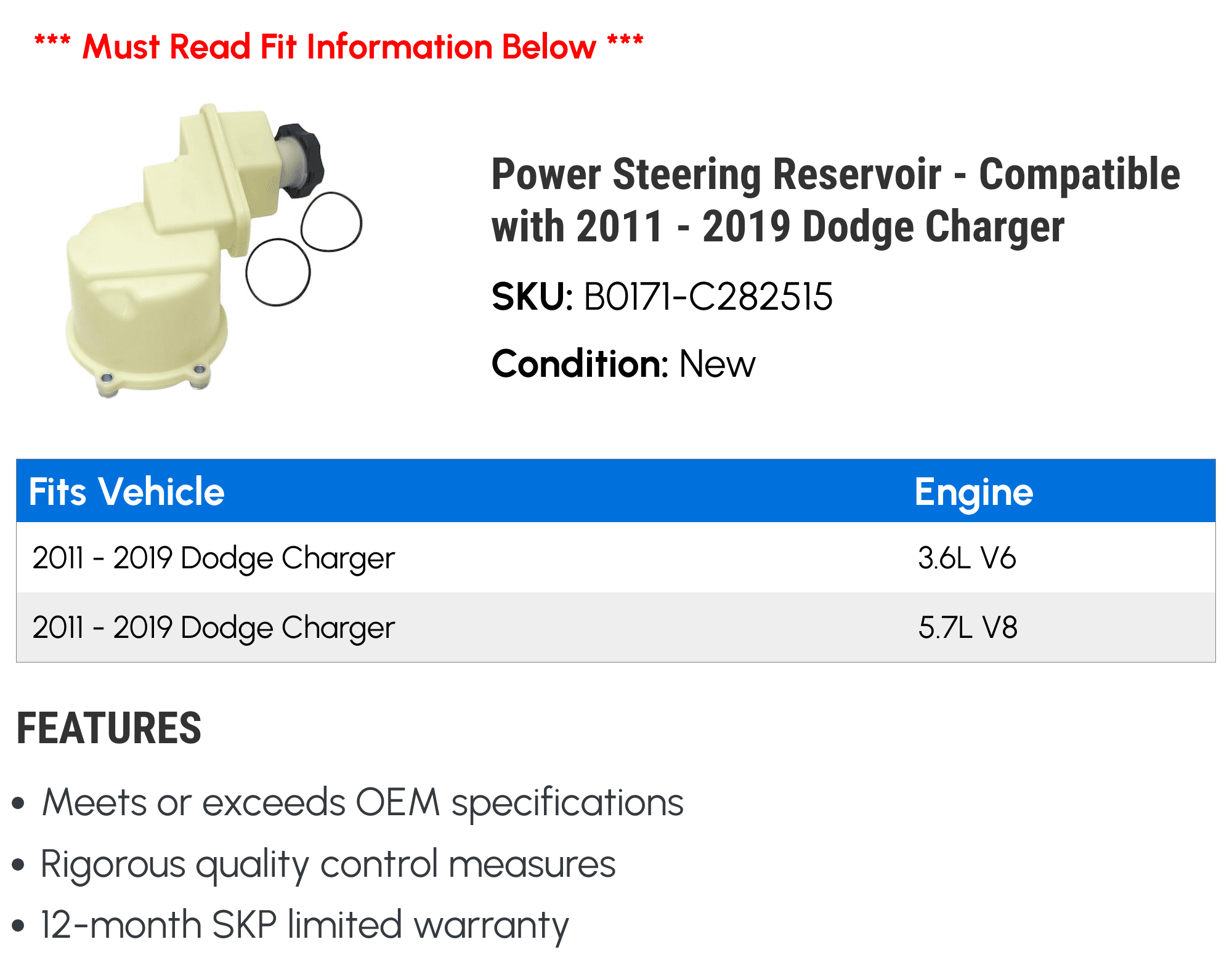 Power Steering Reservoir - Compatible with 2011 - 2019 Dodge Charger 2012 2013 2014 2015 2016 2017 2018