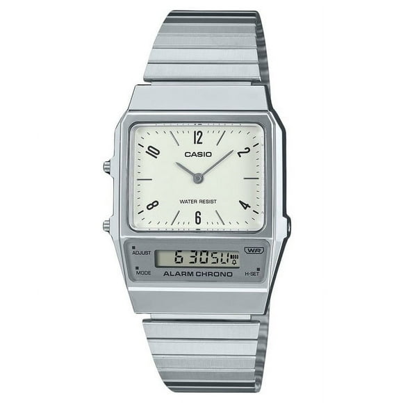Casio Reloj Vintage Analógico-digital de Doble Huso Horario con Brazalete de Acero Inoxidable, Esfera Blanca y Movimiento de Cuarzo AQ-800E-7A2, Unisex.
