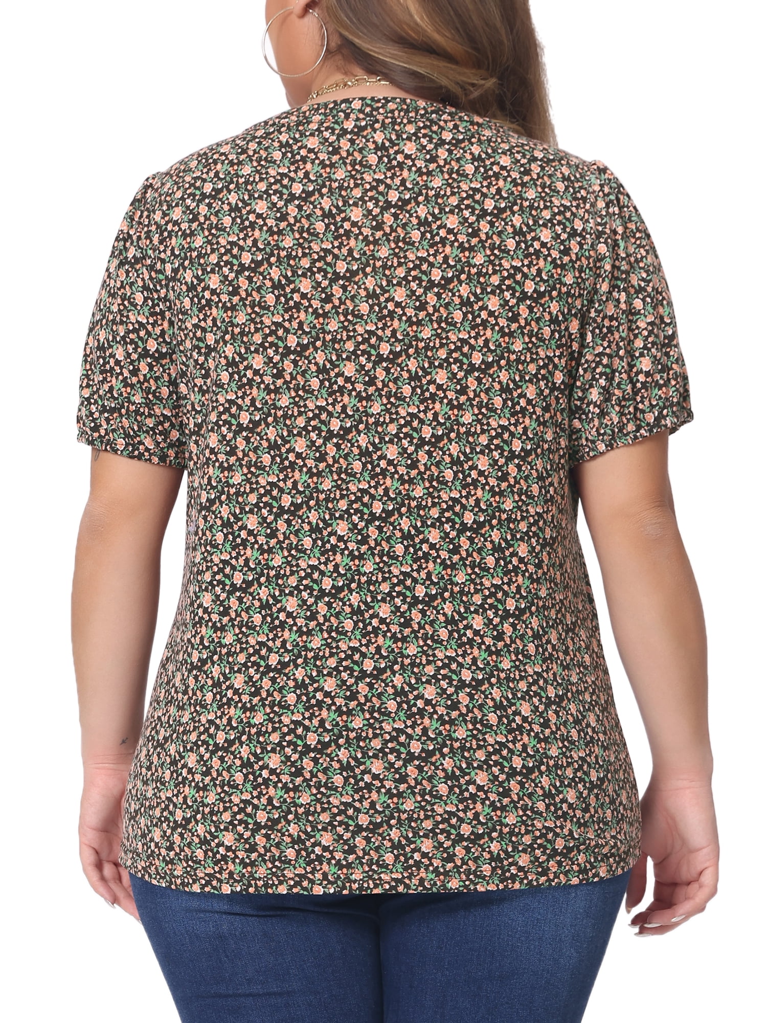 Women's Plus Short Sleeve Pleated T-Shirts Notched V Neck Floral Tops 2X Brown