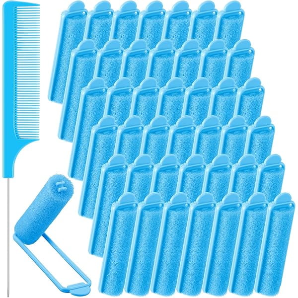 wonima02 43 Pcs Foam Sponge Hair Rollers Women 0.59 Inch Soft Sleeping Curlers Flexible Sponge Curler Tool and Rat Tail Comb for Hair Styling Hairdressing Overnight Curl and Volume(Dark Blue)