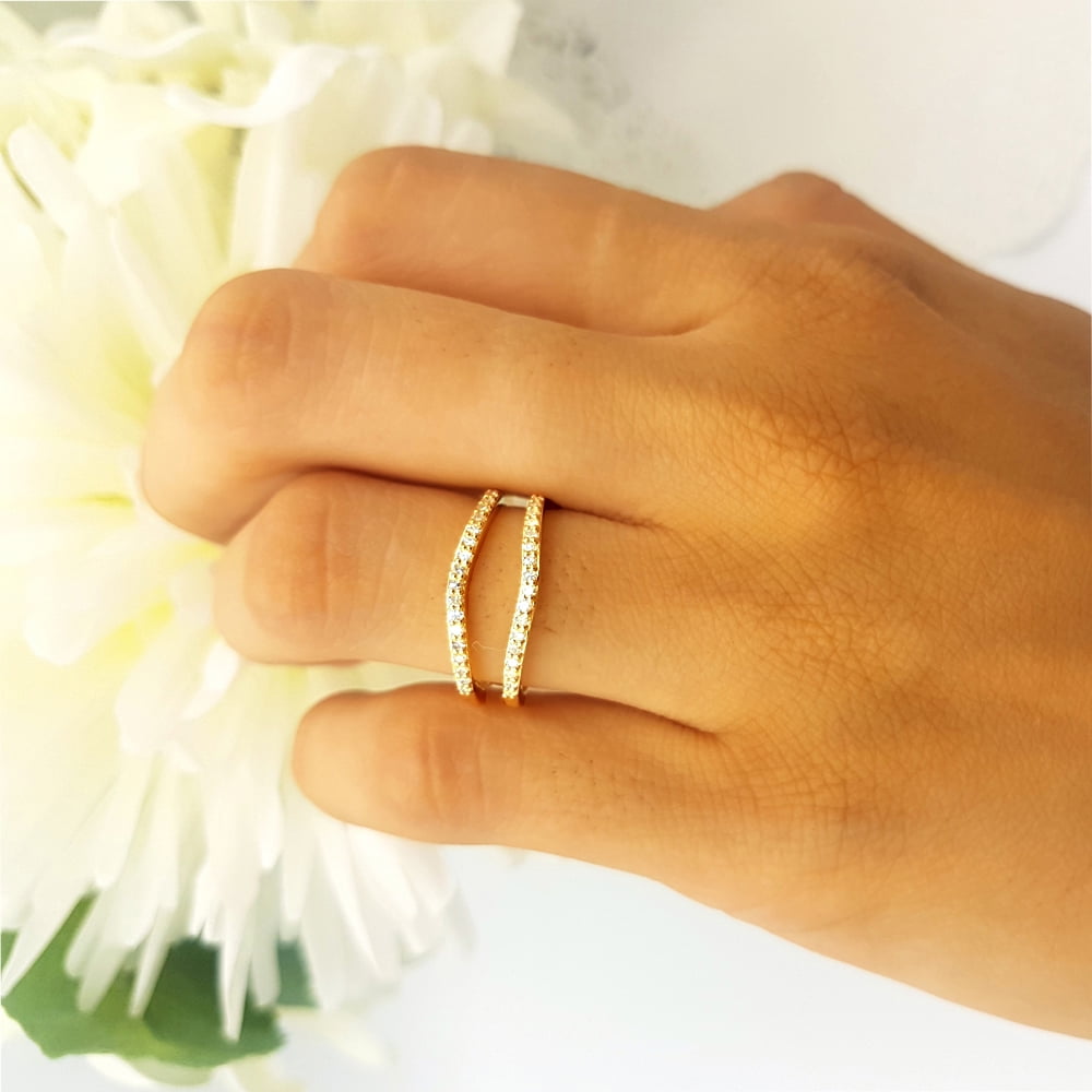 Double Row Chevron Wedding Band Enhancer - 0.25 Ct Blue & White Diamonds, 10K/14K/18K White Gold