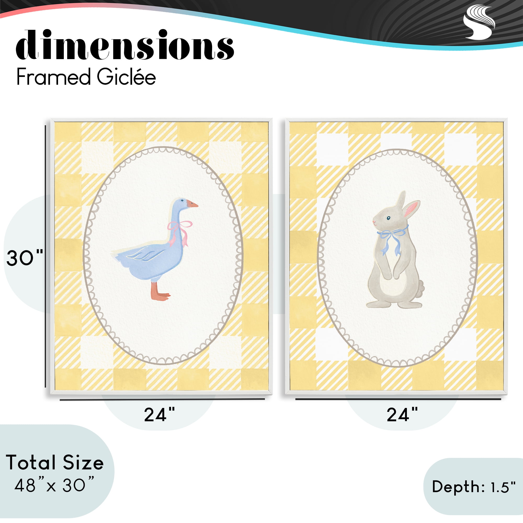 Stupell Industries Goose & Bunny Yellow Gingham 2 Piece White Framed Giclee Art Set, design by The Paper Curator