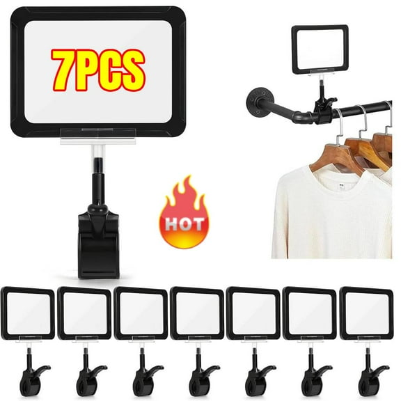 7PCS  Acrylic Sign Holder with Clamp, 6 x 9 Inch Double Head Display Clips, PVC Card Protector, Rotating Price Tag Clip for Hangrails or Tubes