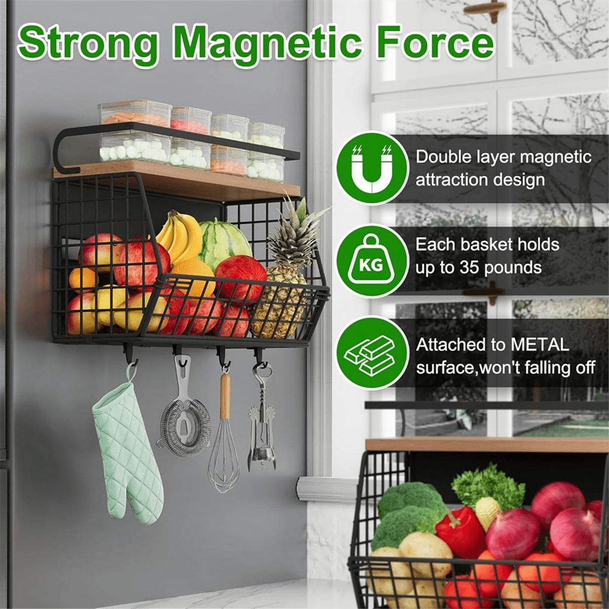 Magnetic Shelf for Fridge with Wood Lid Spice Rack for Refrigerator