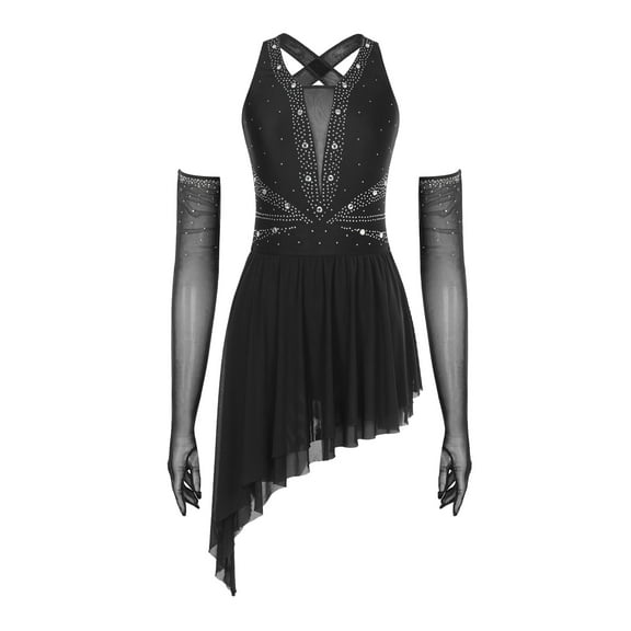 Lejafay Figure Skating Dress for Women Sparkly Rhinestone Sleeveless Ballet Dance Leotard with Long Gloves Black L