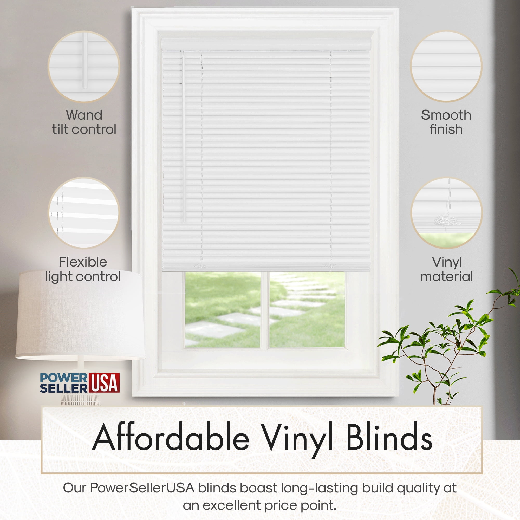PowerSellerUSA 1" Slats Cordless Window Blinds, 64L x 42W Inches Solid Pattern Light Filtering Vinyl Indoor-Outside Ceiling Mount Mini Blind, Manual Cordless Rollup Window Privacy Blinds, White