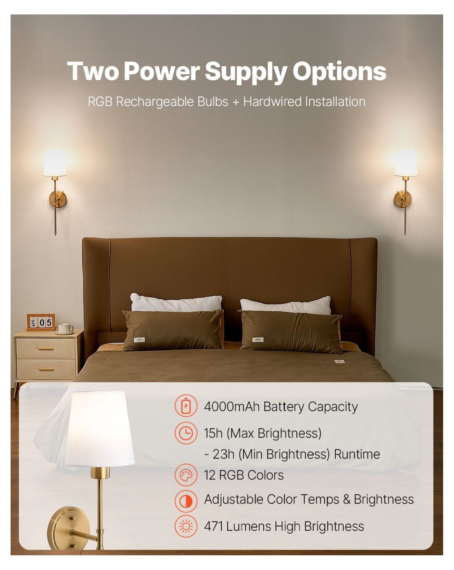 Battery Operated Wall Sconce Set of 2, Rechargeable Wireless Wall Lights with Remote, RGB, Dimmable, 4000mAh, Timer, for Bedroom Living Room
