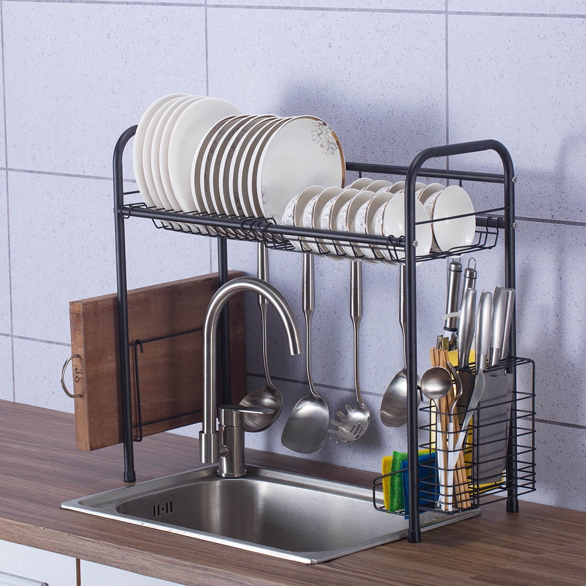 Kitchen Steel Expandable Over Sink Dish Drying Rack with Cutlery Holder Drainer