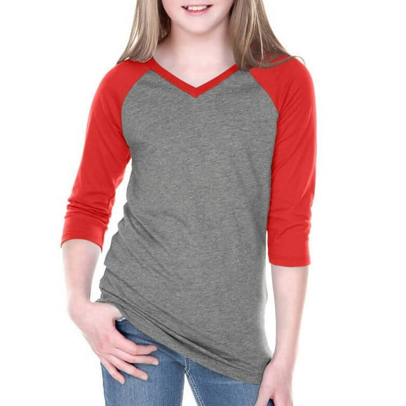 Kavio! Big Girls 7-16 Sheer Jersey Contrast V Neck Raglan 3/4 Sleeve Dark H.Gray/Red L