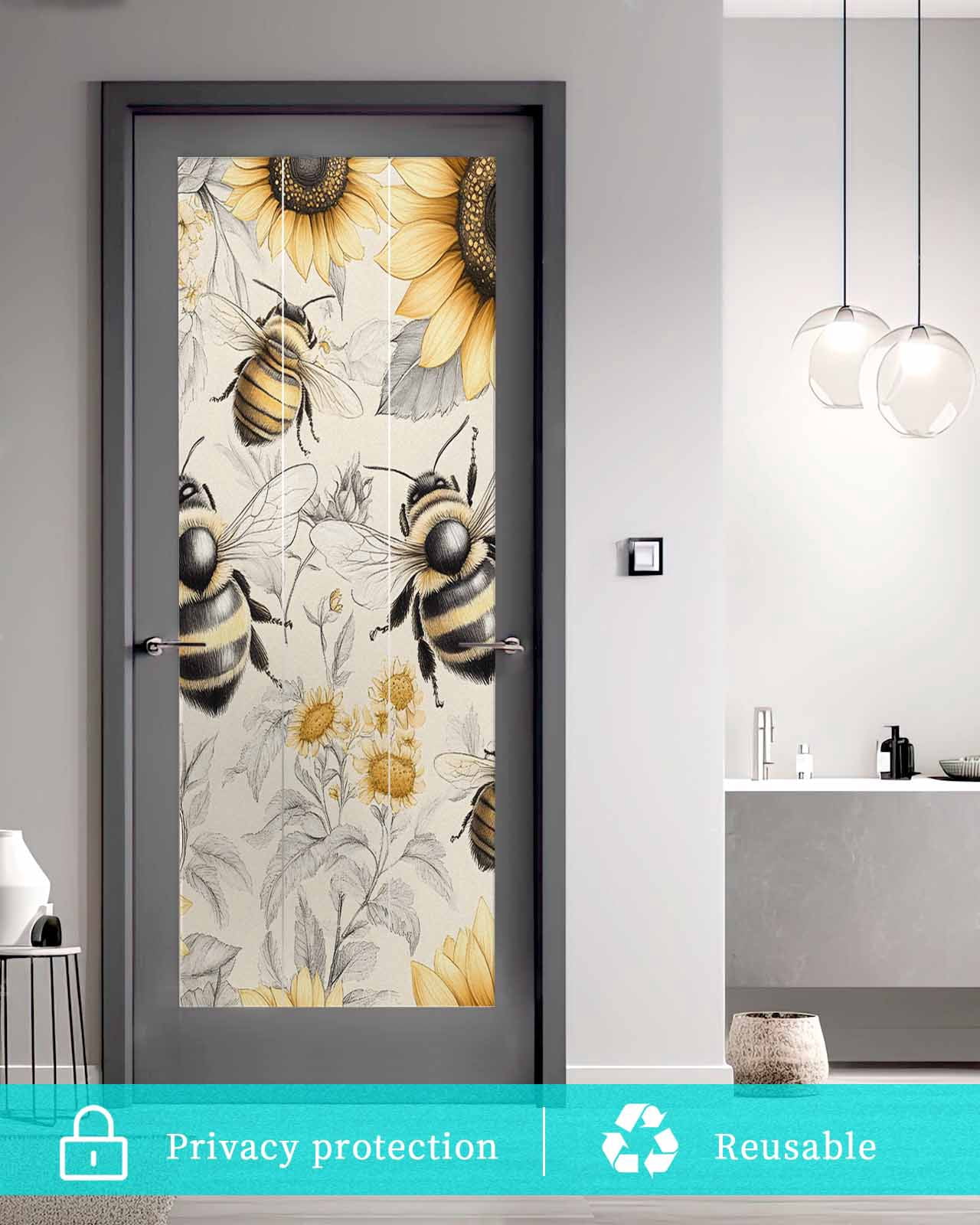 Window Privacy Film Sunflowers Stained Glass Window Film Decorative Sun Block Window Cover Spring Farm Bees Garden Vintage Window Clings Static Adhesive Sticker for Bathroom 35.4"x78.7"