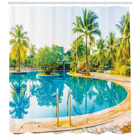 Landscape Shower Curtain Umbrella And Chair Around The Round Pool Tourist Space Famous Spots Concept Fabric Bathroom Set With Hooks Green Blue