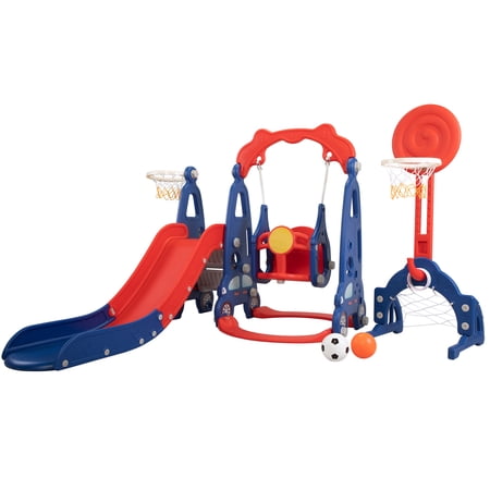 UWR-Nite 5-in-1 Toddler Climber and Swing Set, Climber Slide Playset with Football Gate, Basketball Hoops, Balls and Circles, Kids Playset for Indoor Outdoor Backyard