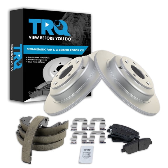 TRQ Rear Brake Pad & Rotor Kit Brake Pads Brake Rotor Parking Brake Shoe Set Semi-Metallic Premium G-Coated Fits Select 2010-2014 Hyundai Genesis Coupe