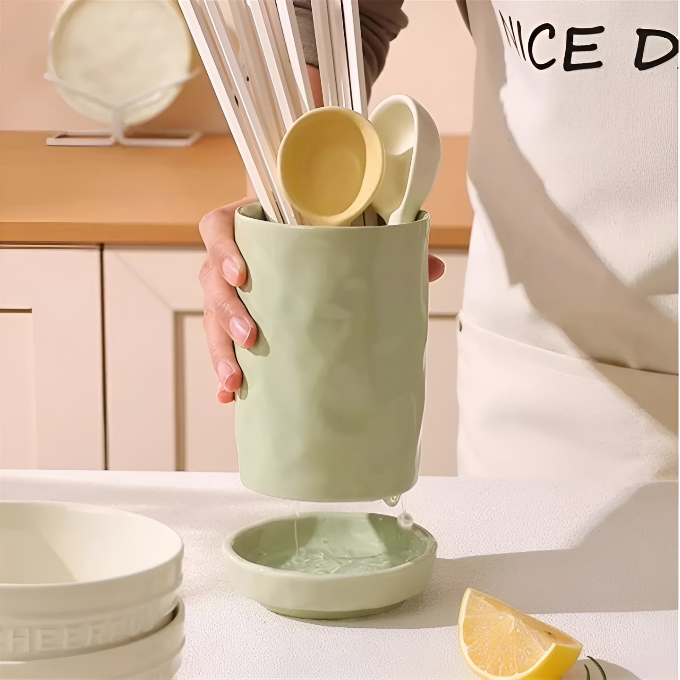 ACDANC 2026 New Kitchen Utensil Holder for Countertop - Ceramic Utensil Crock,Spoon Chopsticks Fork Drain Rack - Kitchen Decor Utensil Organizer with Drain Tray for Kitchen,Countertop,Dining