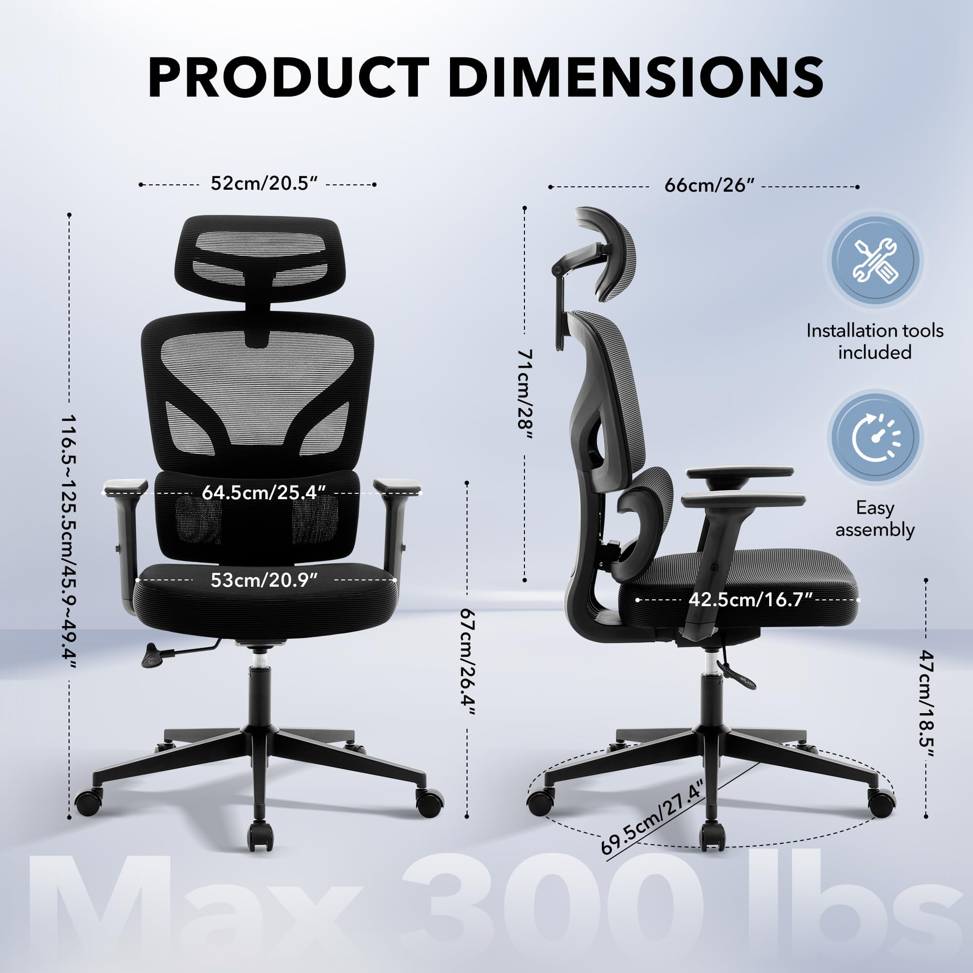 Ergonomic High-Back Mesh Office Chair – Adjustable Lumbar, 3D Armrests, Headrest & Recline – Breathable Swivel Desk Chair, Supports 300 lbs – Black Frame & Black, Sprayed Black
