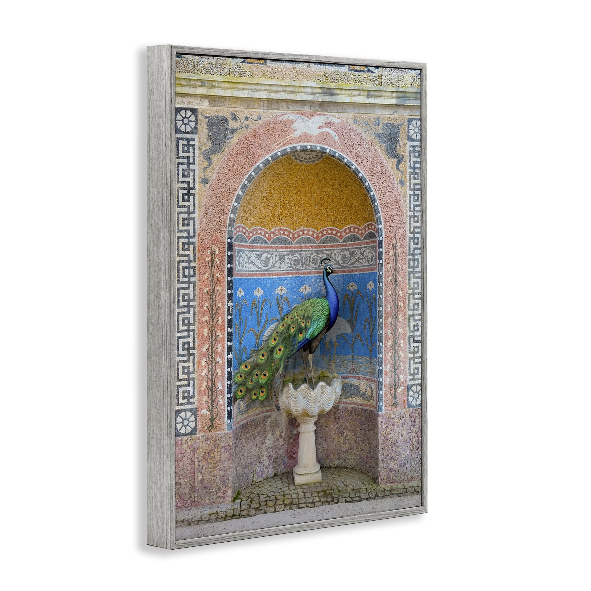 Stupell Industries Peacock with Traditional Architecture Novelty Painting Gray Framed Art Print Wall Art, 20 x 30
