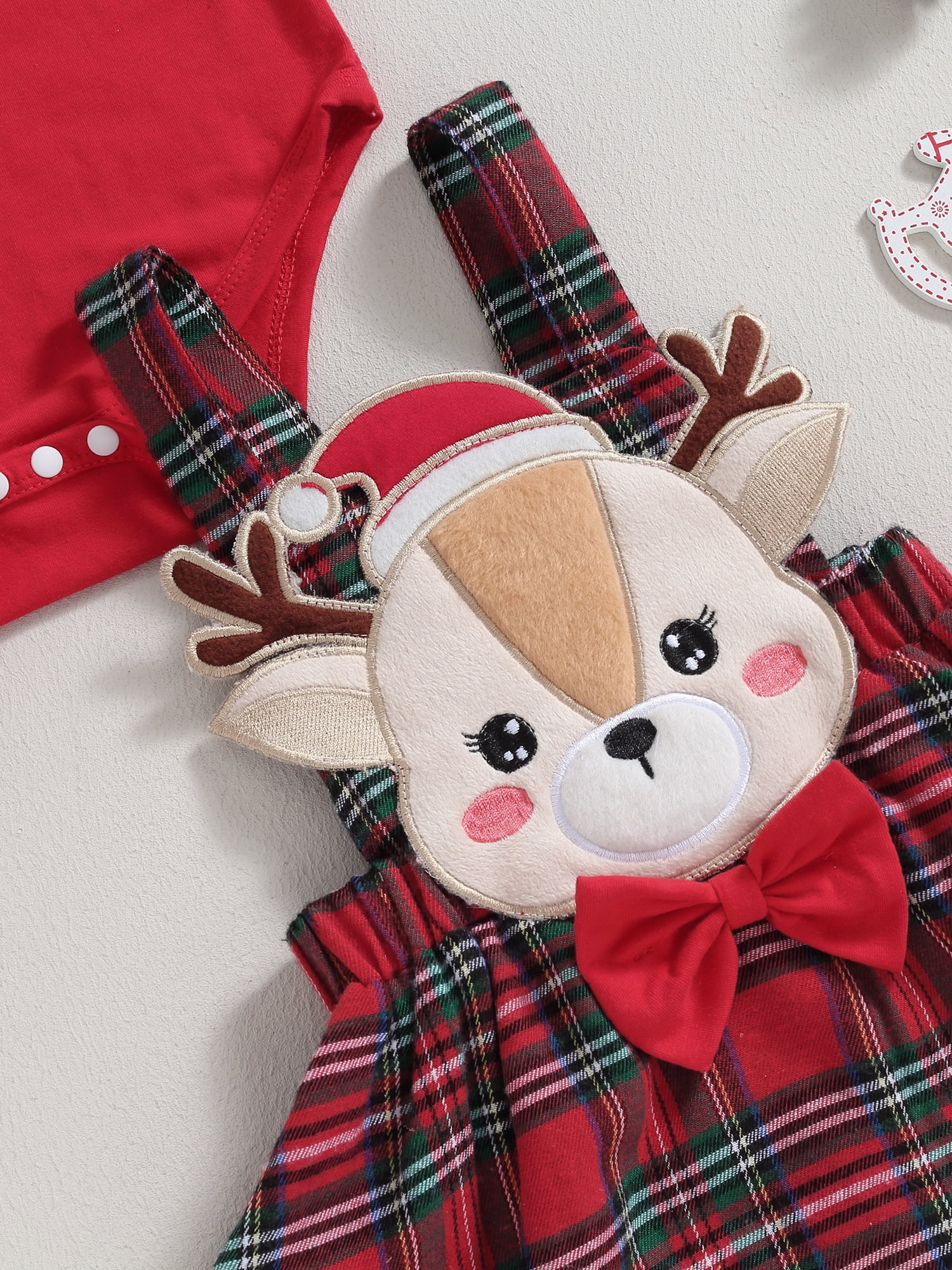 Christmas 3pcs Reindeer and Letter Print Short-sleeve Romper and Plaid Suspender Skirt Set