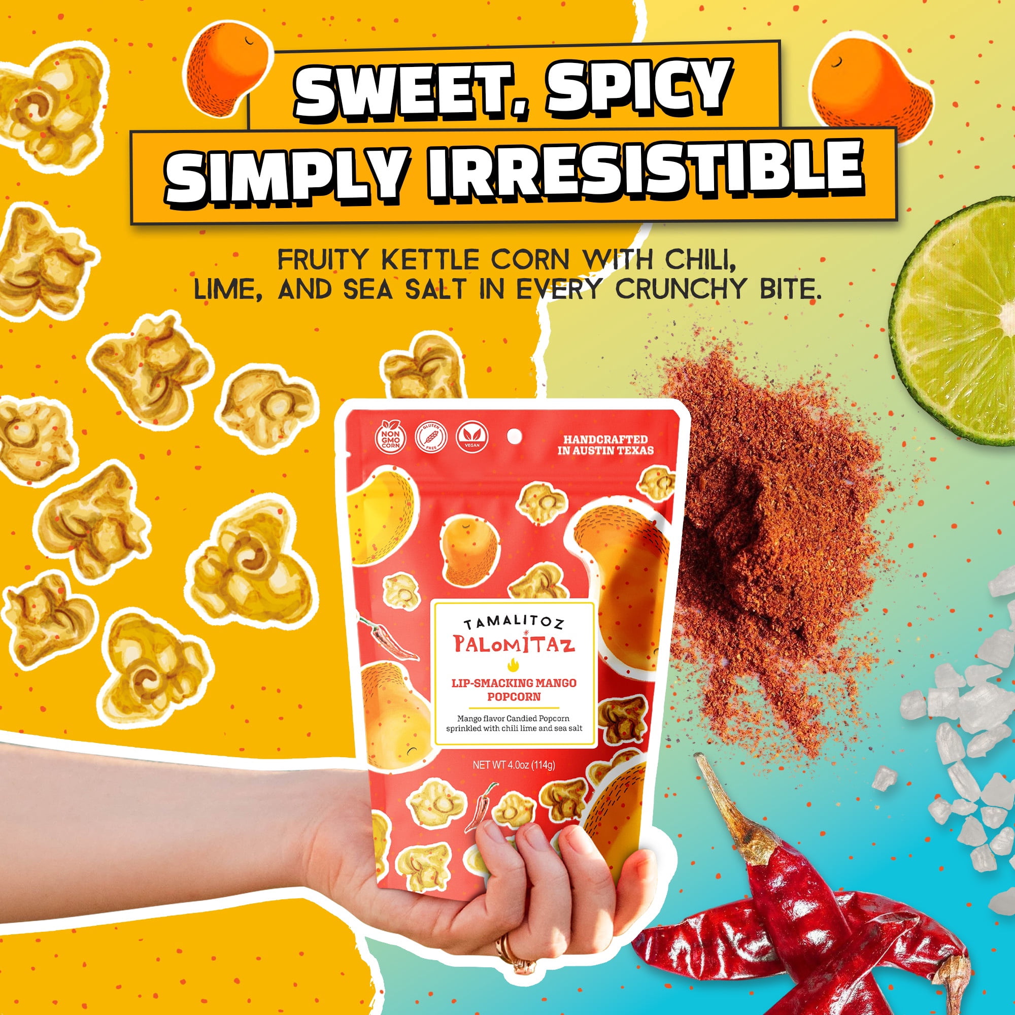 Palomitaz Lip-Smacking Mango Popcorn Sweet & Spicy Mexican-Style Kettle Corn with Mango, Chili, Lime & Sea Salt Fruity Handcrafted Snack, Gluten-Free, Vegan, No Artificial Color, 4 Bags 4oz Each