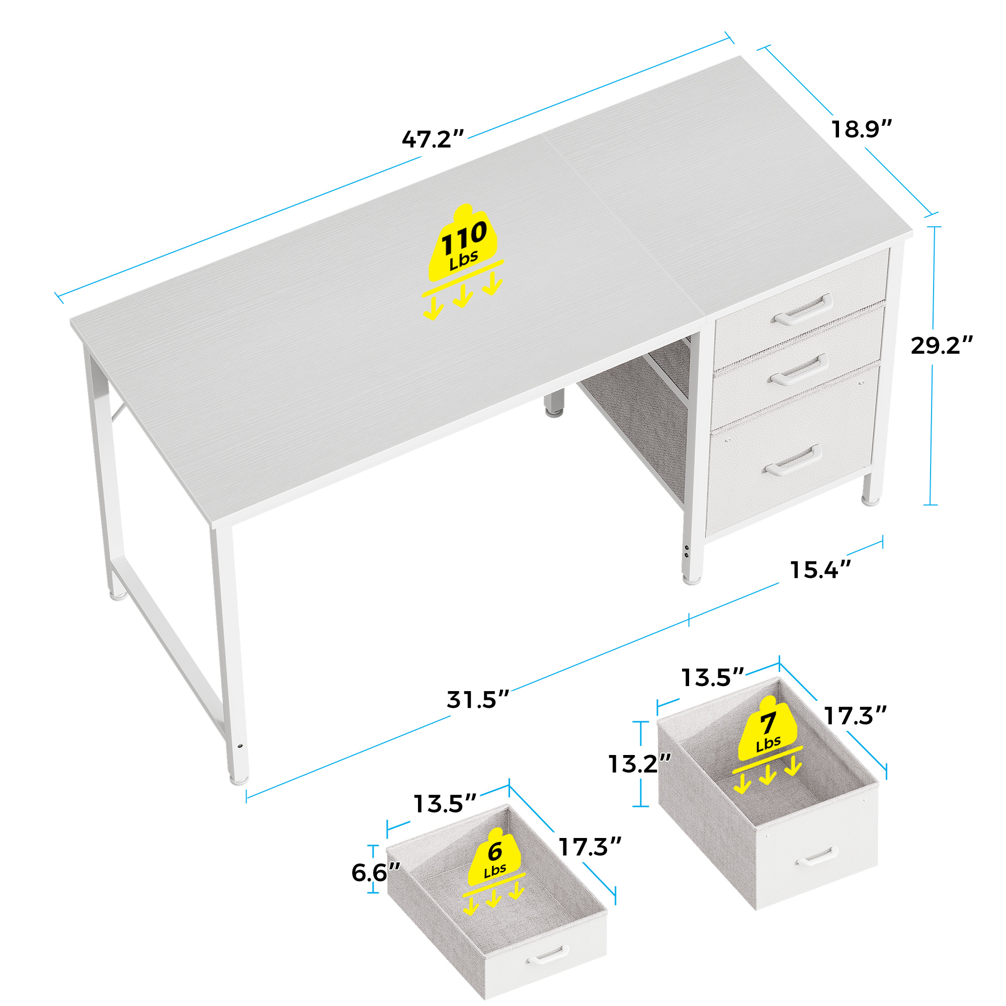 Casacomoda 48" Computer Desk with Fabric Drawers, White photo 4