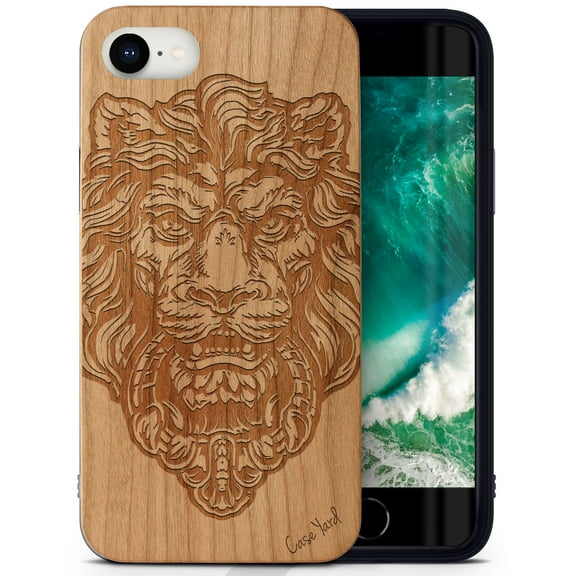 Case Yard Wooden Case Outside Soft TPU Silicone, Slim Fit Shockproof Wood Protective Phone Cover for Girls Boys Men and Women, Supports Wireless Charging Victorian Lion Design case for iPhone-SE