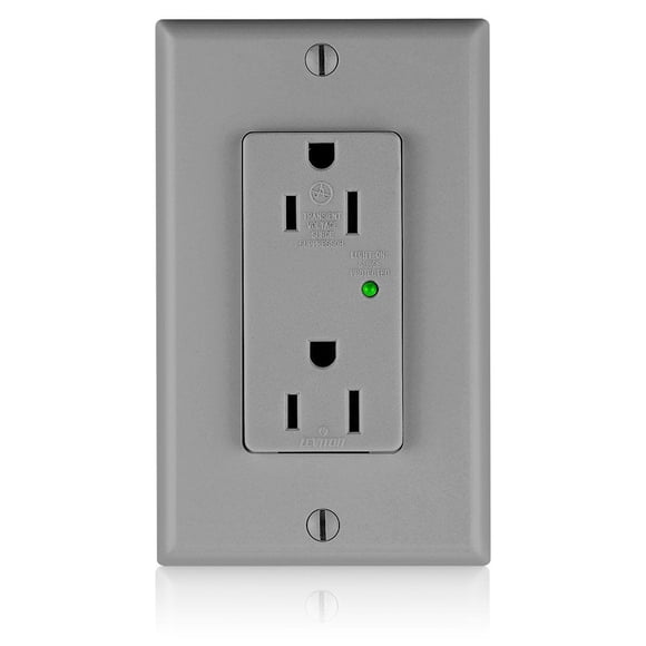 Leviton Decora Plus Duplex Receptacle, 15 Amp, 125 Volt, Straight Blade, Industrial Grade, Self Grounding, Surge with Indicator Light, 5280-GY, Grey