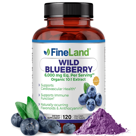 Fineland Vitamins Wild Blueberry Extract Dietary Supplement Antioxidant Cardiovascular Support 120 Count