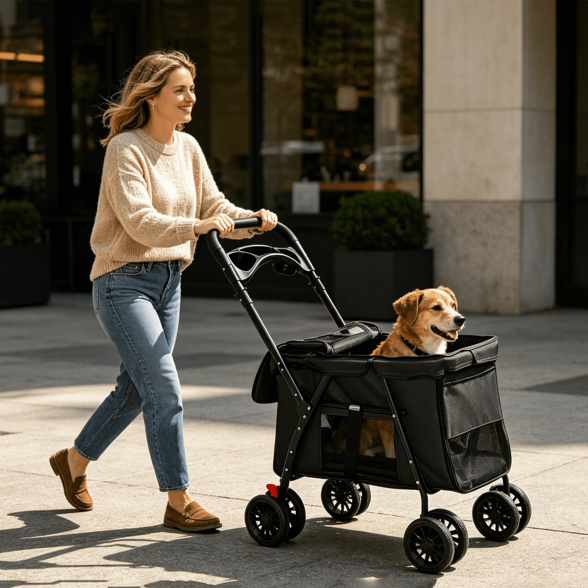Dual-Button Foldable Pet Stroller Holds Up to 33 LBS, Breathable Mesh with Skylight & Multi-Zipper Doors, Shockproof Lockable Wheels, Storage Tray Safety Leashes for Small Medium Dogs Cats