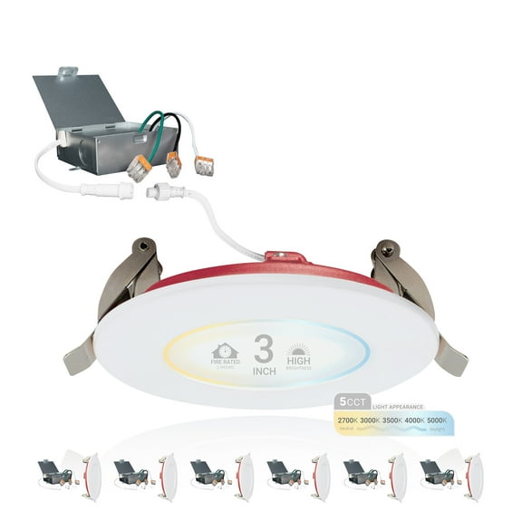 NuWatt 3 in. 2 HOUR Fire Rated Slim Canless LED Recessed Light 8W 5CCT 27K-50K Dimmable IC Rated 6PK