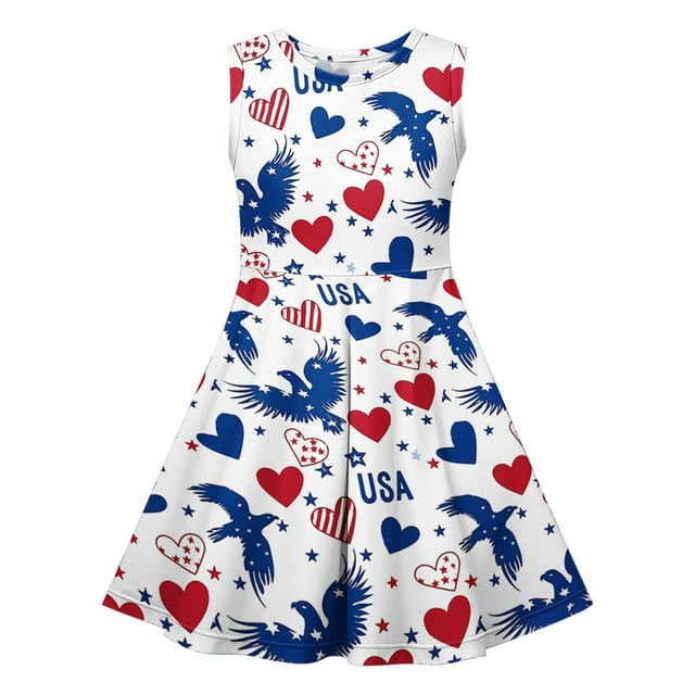 LMKIHUSA Robe Patriotique pour Filles Robes à Imprimé Rouge Bleu et Blanc Robe Sans Manches à Col Rond Robe Décontractée d'Été 2025 Robes de Princesse Bleu Clair,13 Ans