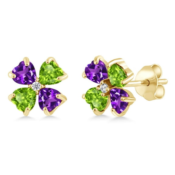 Gem Stone King 18K Yellow Gold Plated Silver Purple Amethyst and Green Peridot Earrings for Women | 2.23 Cttw | Gemstone February Birthstone | Heart Shape 4MM