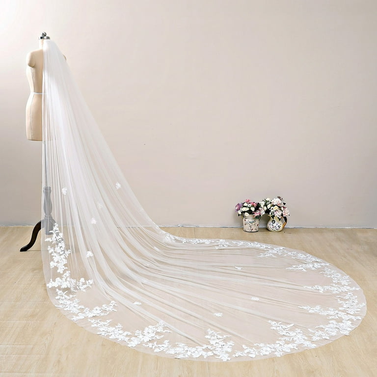 EllieWely 1 Tier Cathedral Length 3.5 M(138 inch) Lace Wedding Bridal Veil  With Metal Comb Ivory 