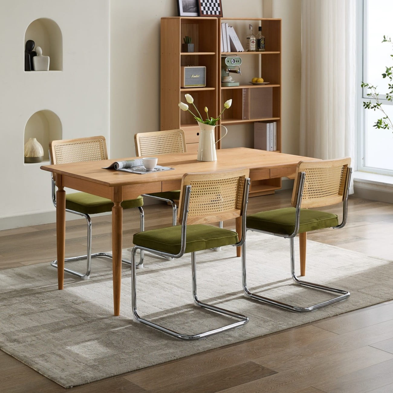 Dining Chairs Set of 2, Mid Century Modern Velvet Accent Chairs with Natural Rattan Back, Chrome Cantilever Base, Olive Green