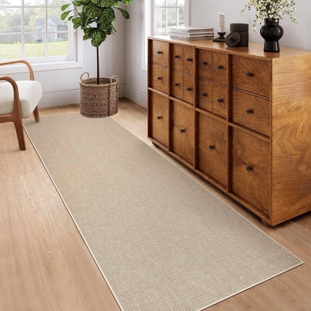 Washable Runner Rug 2x6 Woven Textured Hallway Runner Rug Modern Minimalist Solid Color Non Slip Runners Low Pile Non-Shedding Thin Foldable Mat for Entryway Kitchen Bathroom Bedside Tan 8*10ft(244*3