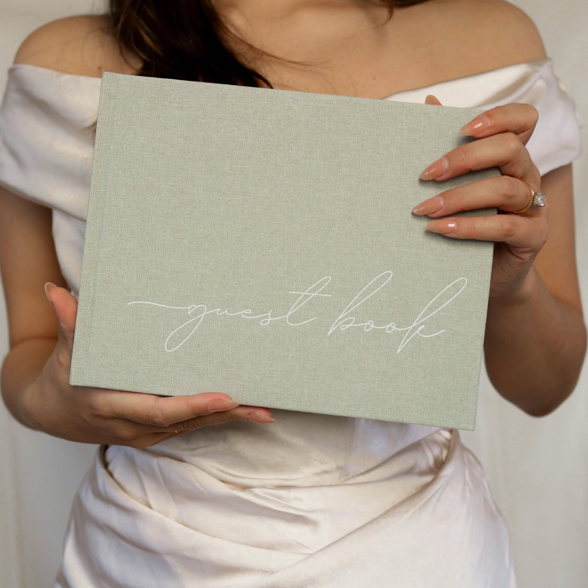 Wedding Guest Book With Clear Photo Corners Self Adhesive Stickers - Linen Photo Guestbook to Sign at Bridal Shower or Wedding Reception Party - 100 Pages - Half Blank and Lined Thick Paper Books