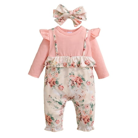 

Kucnuzki Infant Girl Clothes 6 Months Infant Girl Fall-Winter Bodysuit 9 Months Infant Girl Long Sleeve Contrast Floral Prints Casual Bodysuit Headband 2PCS Set Pink