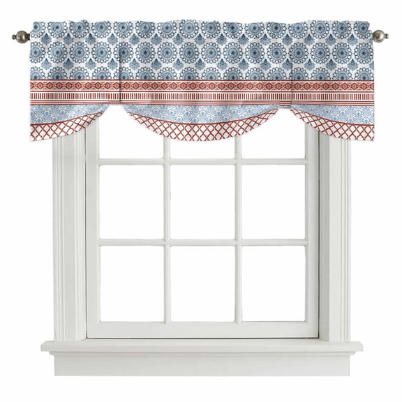 Blue Red Boho Tie Up Valance Curtains for Windows, Kitchen Curtains Window Treatments, Vintage Geometric Stripes Abstract Art Short Window Shades Valances for Bedroom Bathroom Cafe 42"x18"