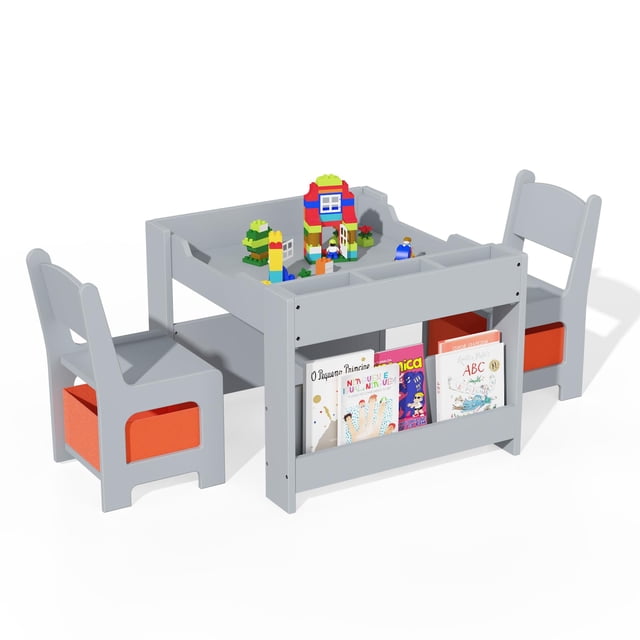 QinaQin Juego infantil de mesa y 2 sillas 4 en 1 de madera con cajón, cubierta removible y espacio para dibujo, lectura o manualidades