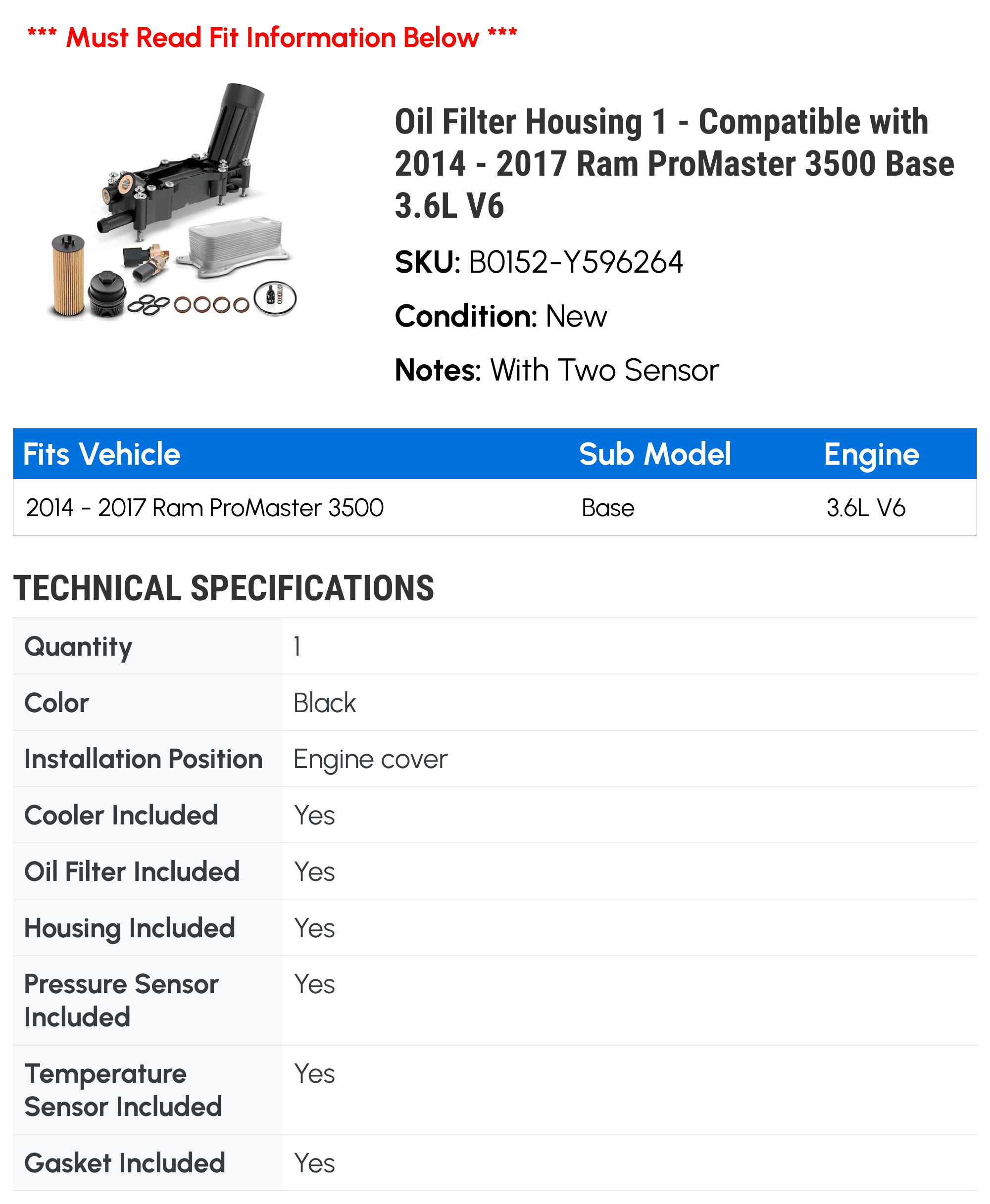 Oil Filter Housing 1 - Compatible with 2014 - 2017 Ram ProMaster 3500 Base 3.6L V6 - Autopart Premium