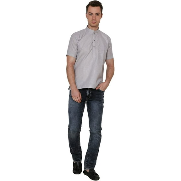 Royal Kurta Men's Cotton Linen Short Sleeve Kurta Grey