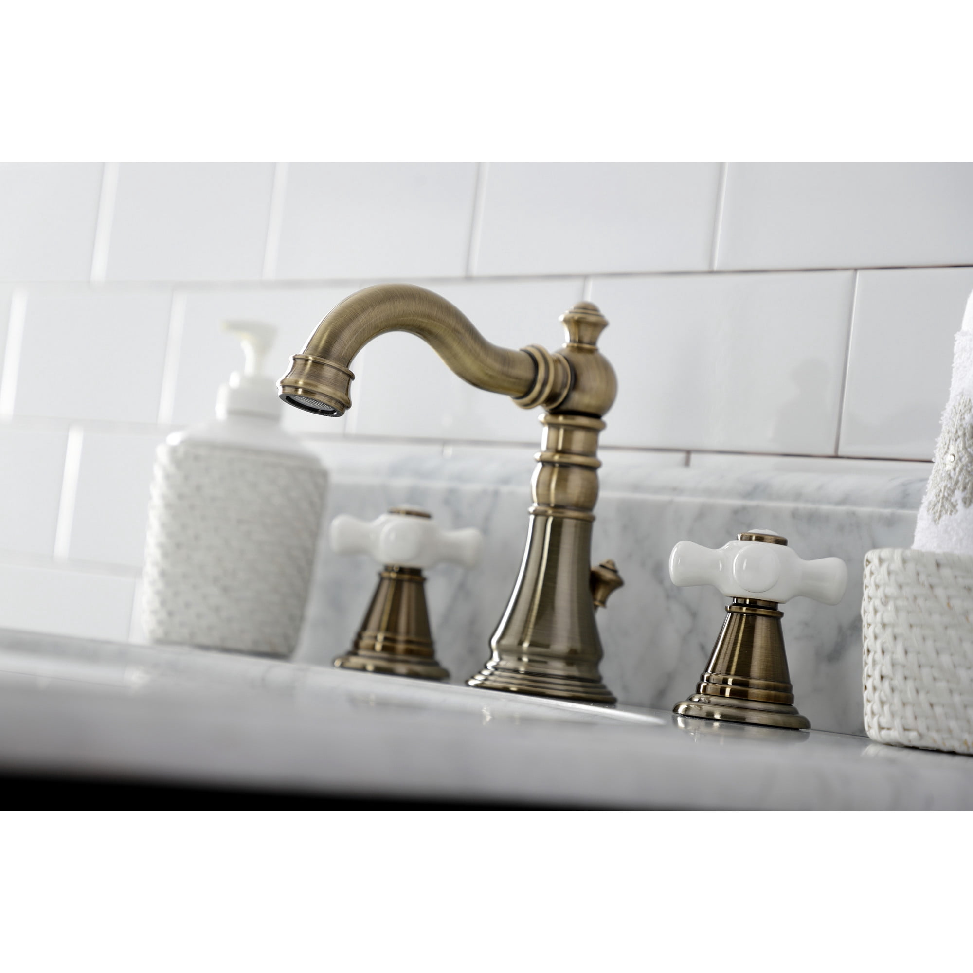 Kingston Brass FSC19733APX American Classic Widespread Bathroom Faucet with Brass Pop-Up, Antique Brass