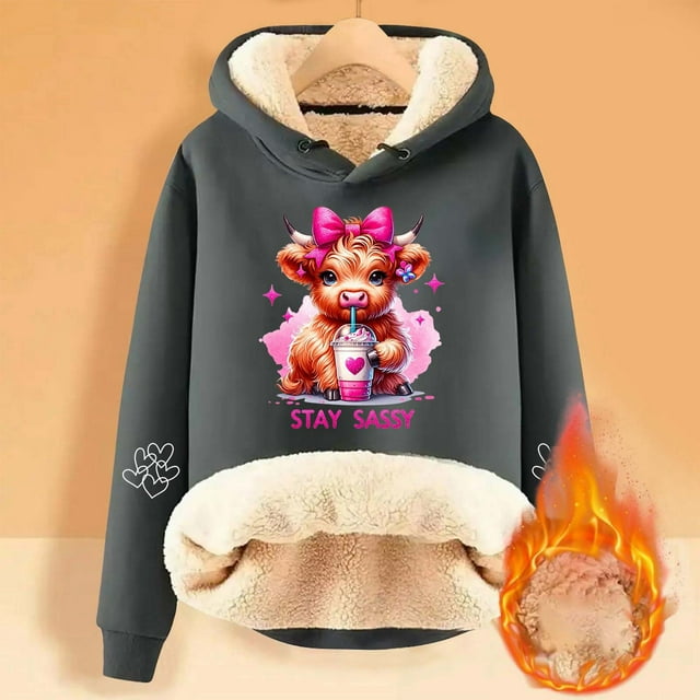 TINZ Ladies' Cattle Winter Thick Warm Warm Solid Color Color Lamb Hoodie Coat Long Sweatshirt Jacket plus Size Jacket Small Womens Sweatshirt