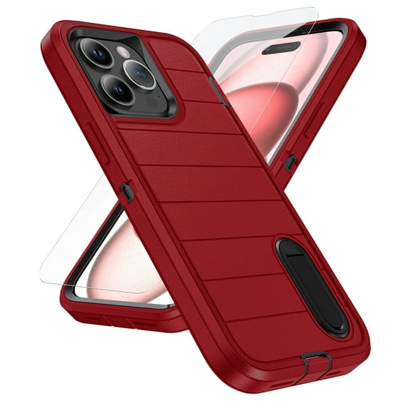 ELEHOLD for iPhone 13 Pro Max Hybrid Rugged Case with HD Screen Protector,Dual Layer Hard Protective Invisible Kickstand Non-Slip Drop-Proof Shockproof Anti-Scratches Heavy Duty Cover,Red Black