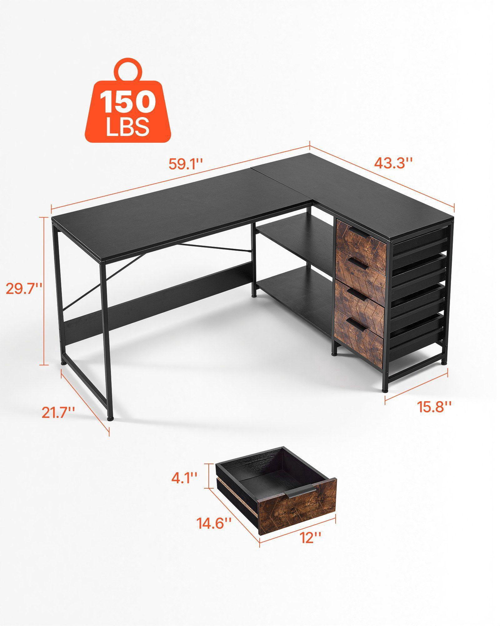 L Shaped Computer Desk 59 Inch Reversible Corner Gaming Desk with Drawers Storage Shelves Modern PC Table Sturdy Workstation for Home Office Easy Assembly