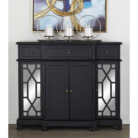 Coastal Cabinets Decmode - 42” x 35” Black Wood & Mirrored Cabinet with Storage & Crystal Rosette Handles ()