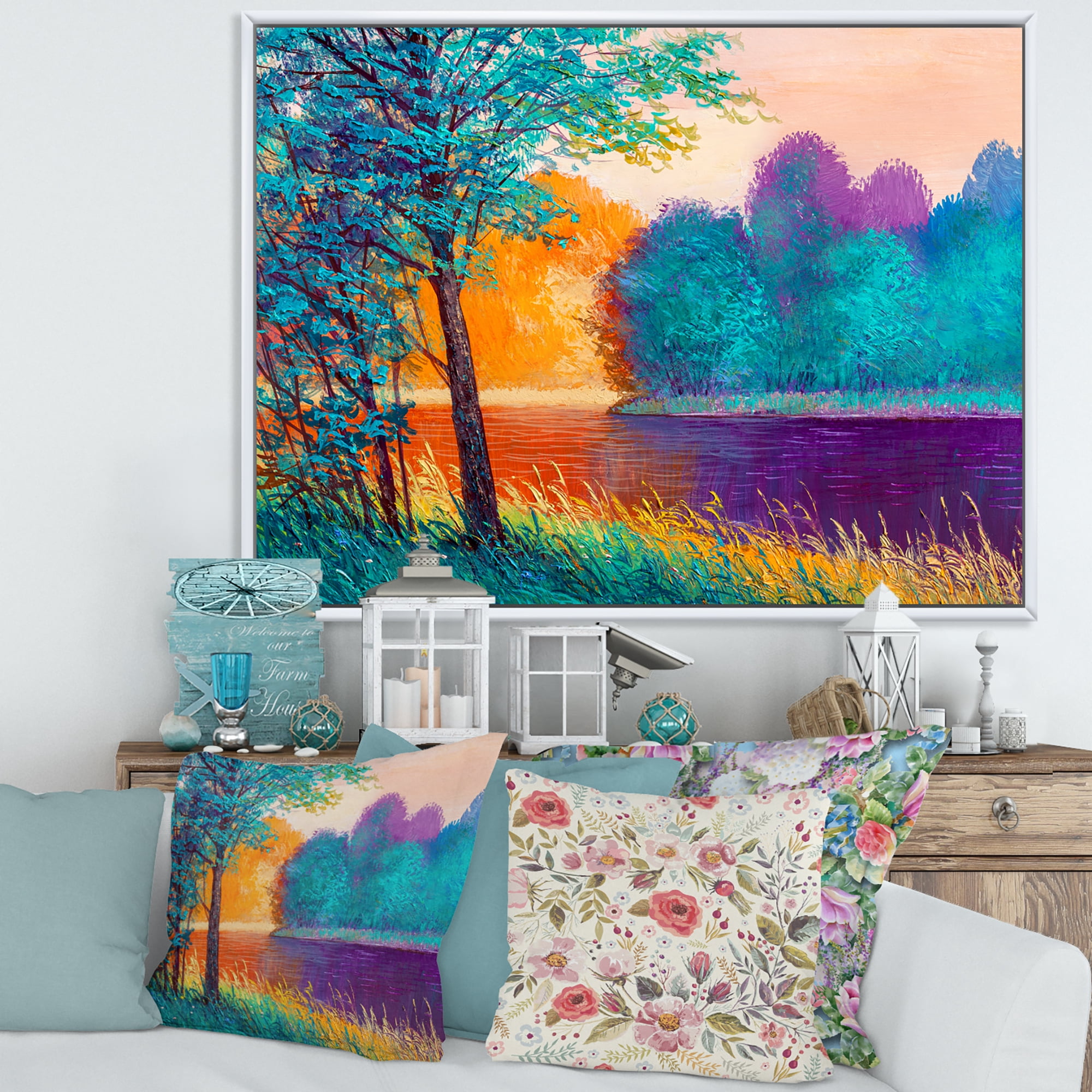 Designart 'Colorful Trees During Twilight Along River' Traditional Framed Canvas Wall Art Print