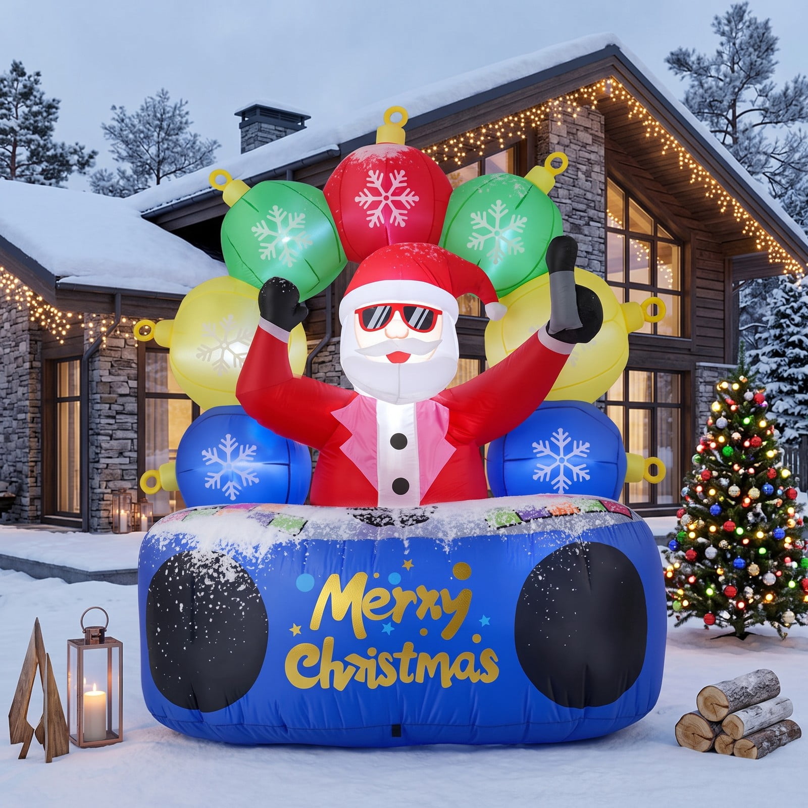 RUIE 6 FT Inflatable DJ Santa Claus with Rotating Music Light and Flashing RGB LEDs, Blow Up Christmas Yard Decoration for Outdoor Lawn Garden Holiday, Multi-Color