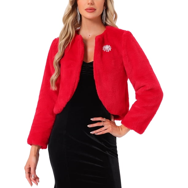 Chal de bolero formal para mujer, chaqueta corta de piel sintética para vestidos de boda M Rojo