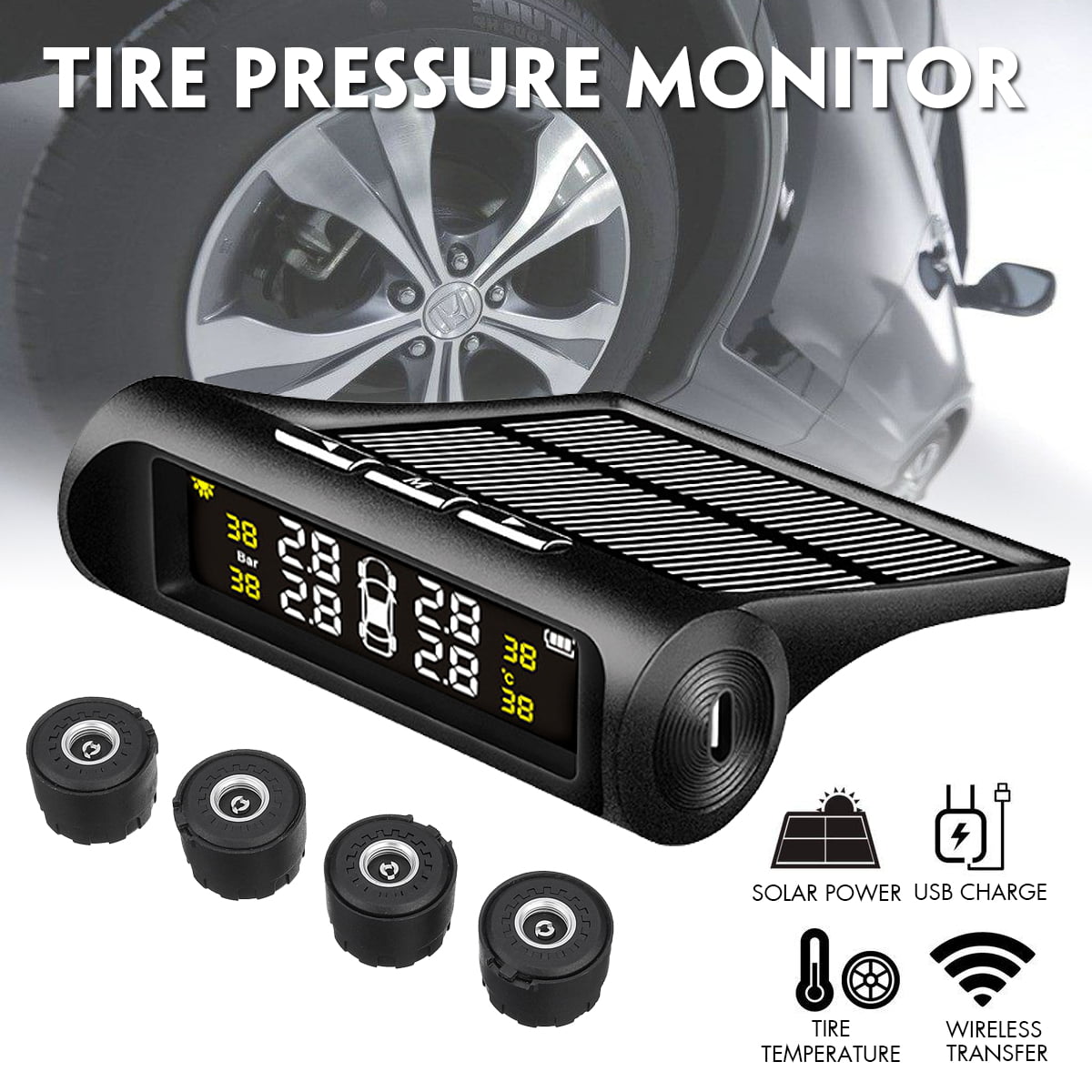 Wireless Solar TPMS Car Tire Tyre Pressure Monitoring 4 System Sensor Exterior 