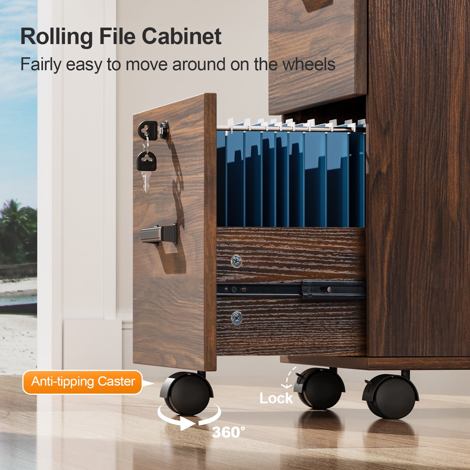 Ktaxon 2-Drawer Rolling Wood File Cabinet with Lock, Portable Vertical Mobile Wooden Storage Filing Cabinet for Home Office,Brown Coffee